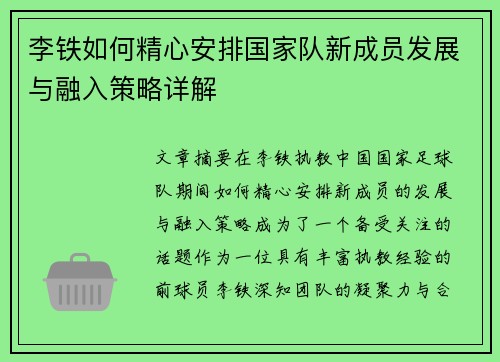 李铁如何精心安排国家队新成员发展与融入策略详解