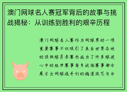 澳门网球名人赛冠军背后的故事与挑战揭秘：从训练到胜利的艰辛历程