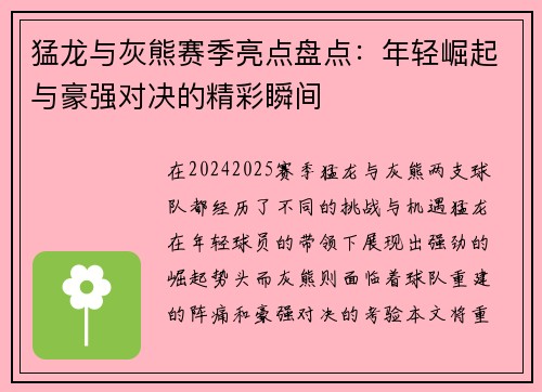 猛龙与灰熊赛季亮点盘点：年轻崛起与豪强对决的精彩瞬间